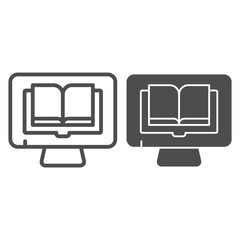 Poster - Reading books on pc line and glyph icon. Book on computer vector illustration isolated on white. Digital library outline style design, designed for web and app. Eps 10.