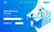 © Abdul Qaiyoom - Online Pharmacy service with isometric view of medical shop on smartphone for website template or landing page design.