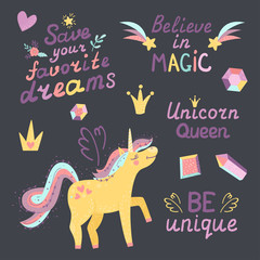 Wall Mural - Set of fantasy unicorn, crystal, crown and lettering