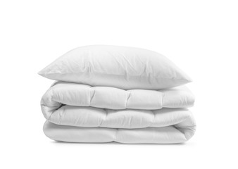 white pillow on the duvet isolated, folded beddings on the white background, bedding objects isolate