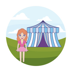 Sticker - woman with tent circus in frame circular