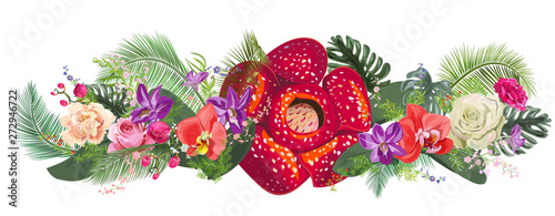 Floral tropical horizontal border: orchids, roses, carnations, rafflesia flow...