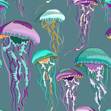 Green And Purple Jellyfish Seamless Pattern. Vector Illustration Of Jellyfish On Turquoise Background