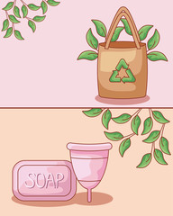 Sticker - cup menstrual with set icons ecological