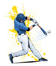 Vector Illustration Of A Baseball Player Hitting The Ball. Beautiful Sport Themed Poster. Abstract Background, Summer Sports, Team Game