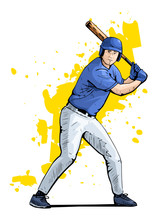 Vector Illustration Of A Baseball Player Standing With The Baseball Bat. Beautiful Sport Themed Poster. Team Game, Summer Sports, Baseball Batter