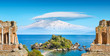 Collage with ancient Greek theatre, Isola Bella and Etna mount near Taormina, Sicily, Italy.