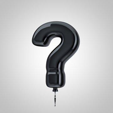 Shiny metallic black balloon question mark symbol isolated on white background