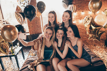 Canvas Print - Photo portrait of positive pretty attractive nice fascinating ladies in short clothes costumes sitting on golden shiny king size beddings make selfie having best night evening fest perfect mood