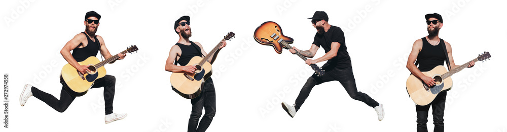 Guitar player isolated over white background. He is singing, screaming and jumping. Hipster guitar player with beard and black clothes - obrazy, fototapety, plakaty 