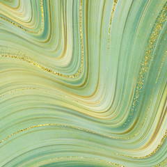 Canvas Print - abstract background, fashion fake stone texture, green onyx jade agate or marble slab with gold glitter veins, wavy lines, painted artificial marbled surface, artistic marbling illustration