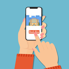Wall Mural - booking online hotel hand with phone
