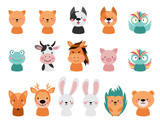 Fototapeta Pokój dzieciecy - Animals on a white background. Cartoon cute  illustration. Hedgehog, rabbit, bear, bunny, frog, owl, deer,  fox, cat, dog, cow, pig, frog, hare, horse. 