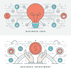 Poster - Flat line Business Idea and Investment. Vector illustration. Modern thin linear stroke vector icons.