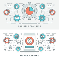 Poster - Flat line Business Planning and Banking. Vector illustration. Modern thin linear stroke vector icons.
