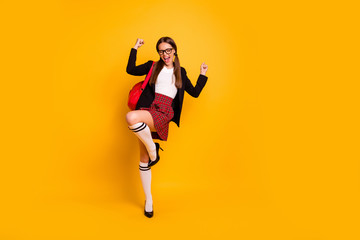 Sticker - Full length body size view photo a-grade teenager raise fists scream stylish eyewear eyeglasses ponytail red white long skirt plaid checked tail knee-socks jacket isolated bright background beautiful