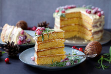 Layered Christmas Cake With Sugared Cranberries And Rosemary