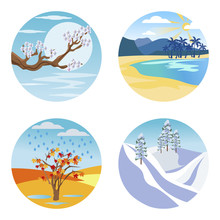 Nature At Different Seasons Times Of Year. Vector Illustration Flat