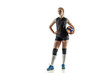 © master1305 - Young female volleyball player isolated on white studio background. Woman in sport's equipment and shoes or sneakers training and practicing. Concept of sport, healthy lifestyle, motion and movement.