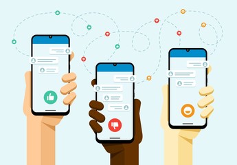 Wall Mural - Smartphone mockup in human hand. Social media communication with a lot of peoples. Like, dislike, smile button. Vector flat colorful technology illustration