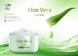 Wall Mural - Aloe Vera skin care cream with plant leaves.