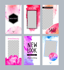 6 layout templates for social media, stories, mobile apps with watercolor background. Social media pack.