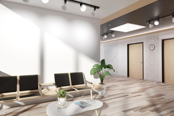 Aufkleber - Blank white wall in wooden waiting room Mockup 3D rendering
