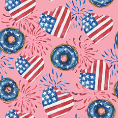 Watercolor seamless pattern of glazed donuts, hearts and salute in the colors of the USA star-striped flag. For compositions on the theme of patriotic holidays. On a pink background