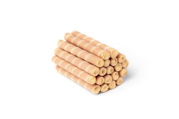 Wall Mural - Sweet chocolate waffle rolls isolated on white background.