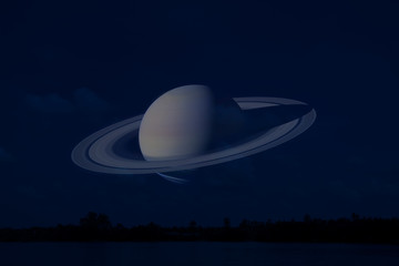 Wall Mural - Saturn on night sky back silhouette mountain and river