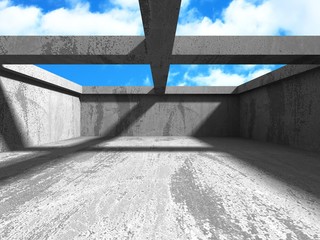 Concrete room wall construction on cloudy sky background