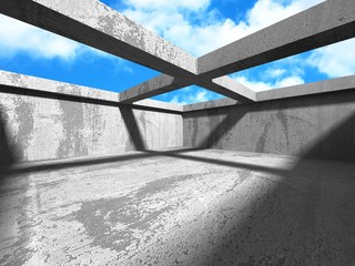 Concrete room wall construction on cloudy sky background