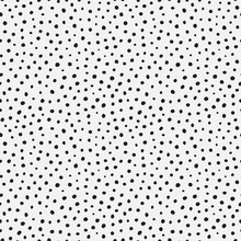 Randomly Placed Polka Dots, Hand Drawn Spots Seamless Vector Pattern. Scattered Big And Small Circles, Points In Various Sizes. Monochrome Retro Background. Decorative Black And White Design Tiles.
