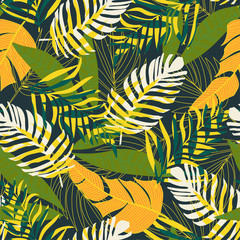  Trend abstract seamless pattern with tropical leaves and plants on a dark background. Vector design. Jungle print. Floral background. Printing and textiles. Exotic tropics. Summer design.