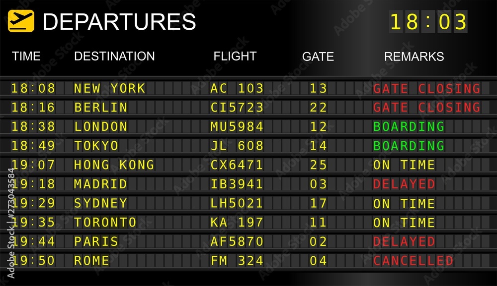 Flight information display system in international airport, cancelled and delayed flights - obrazy, fototapety, plakaty 