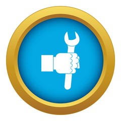 Poster - Wrench tool in man hand icon blue vector isolated on white background for any design