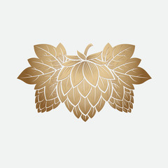 Golden Hop Cone. Hop cone logo. Beer Cones Illustration. Three Hops and Leaves. Engraving Style.