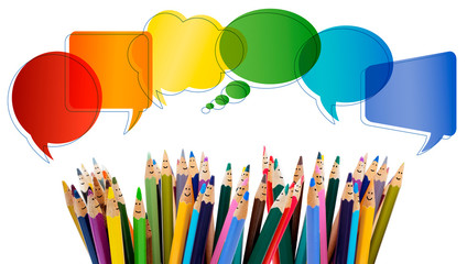 Wall Mural - Social network communication. Colored pencils funny faces of people smiling. Talking. Group of people talking. Dialogue group of people. Crowd. Diverse People and different culture. Isolated