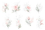 Fototapeta  - Set watercolor arrangements with roses. collection garden pink flowers, leaves, branches, Botanic  illustration isolated on white background.