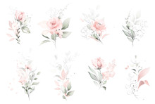 Set Watercolor Arrangements With Roses. Collection Garden Pink Flowers, Leaves, Branches, Botanic  Illustration Isolated On White Background.