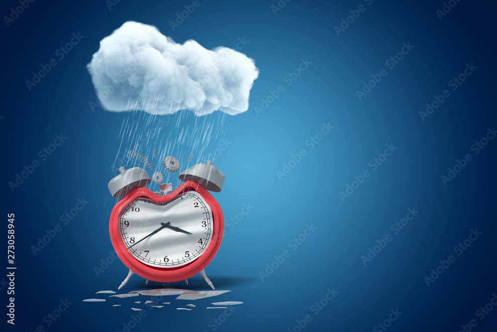 Clock Rainstorm 3d rendering of damaged alarm clock standing under raining cloud on ...