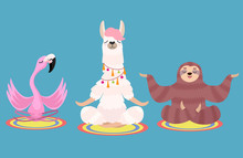 Set Of Meditating Animals: Sloth, Llama And Flamingo Isolated On A Blue Background. Vector Illustration.