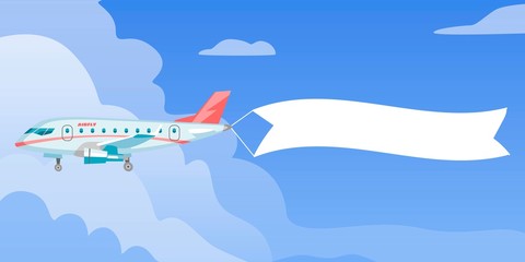 Airplane or aircraft with blank message advertisement and text template banner vector illustration. Airliner advertising in sky among clouds. Flying ribbon pulled by light plane.