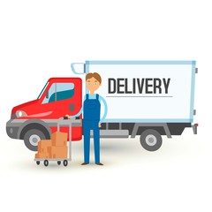 Fototapete - Delivery truck van and man service background. Man holding cart with boxes banner vector illustration. Delivering packages. Male character standing on background of truck, vehicle or car