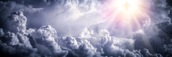 Fototapete - Jesus Christ In The Clouds With Brilliant Light - Ascension / End Of Time Concept