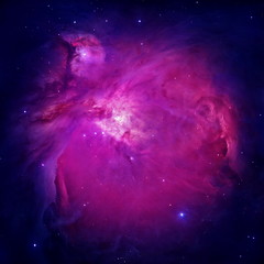 The Orion Nebula (Messier 42) in neon pink. Stars of a planet and galaxy in outer space in a neon pink color. Space background and texture.  Retouched image. Elements of this image furnished by NASA. 