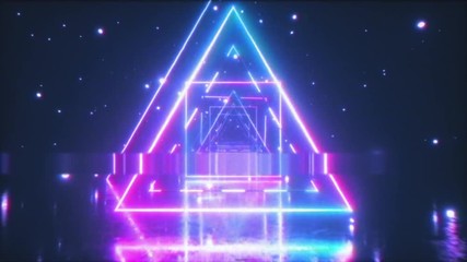 Wall Mural - Flying in a retro futuristic space with glowing neon square in the style of the 80s. Seamless loop 3d animation. The effect of the old film cassette with noise, interference and distortion.