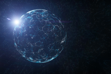 artistic shiny sphere on conceptual technology and science cyberspace copy space background. 3d illu