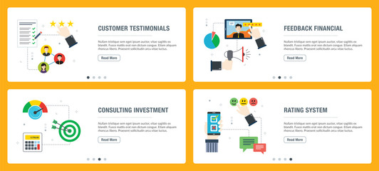  Internet banner set of customer testimonials, rating and feedback financial icons.