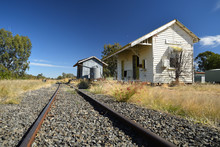 Rail Tracks Lead Through Small Country Railway Station, Toobeah Qld Australia.